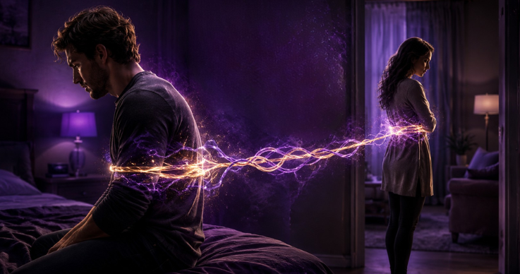 Silhueta de mulher e silhueta de homem andando lado a lado e ao fundo duas alianças ao fundo e opacidade de 40% mantenha as cores roxo profundo