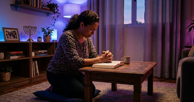 Mulher brasileira cristã ajoelhada em frente a sua cama com a biblia aberta orando, fundo limpo tons de roxo.