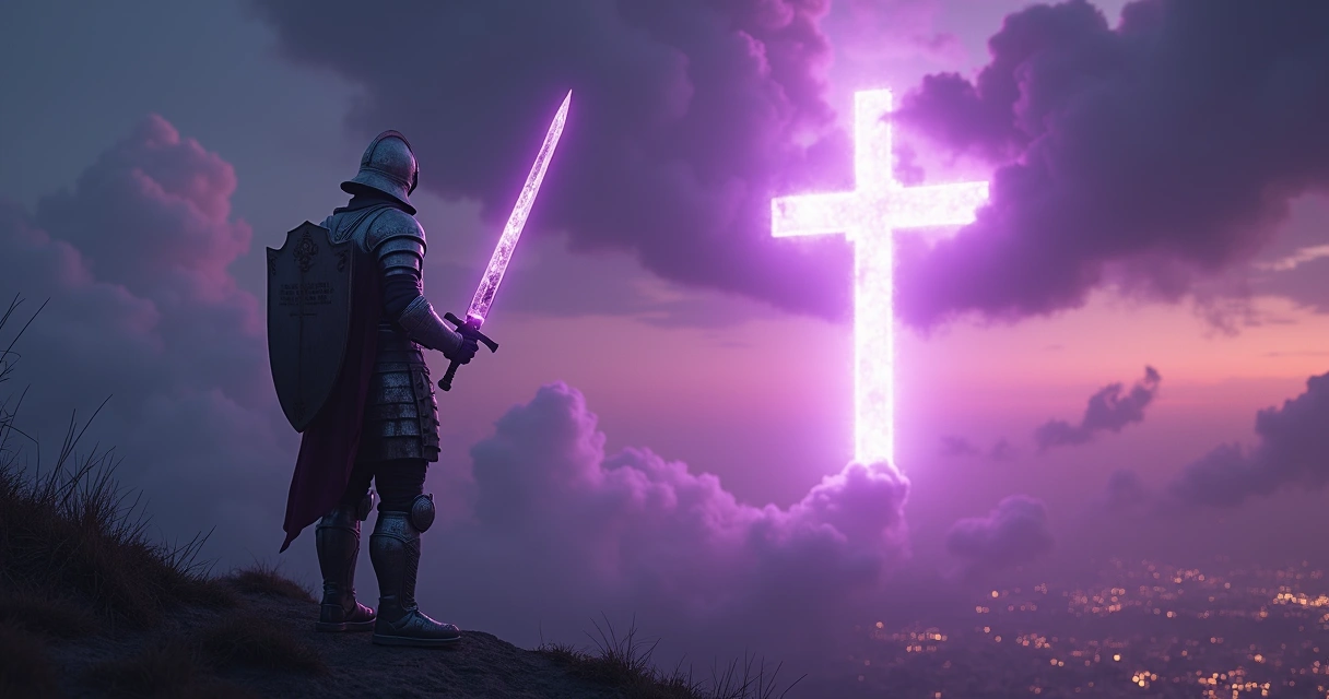 Cristão com armadura de Deus olhando firme para o céu noturno roxo