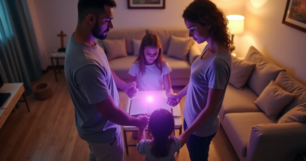 Família orando de mãos dadas na sala com luz roxa simbólica ao redor