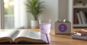 Mesa com Bíblia aberta, copo d’água e relógio marcando três dias de jejum
