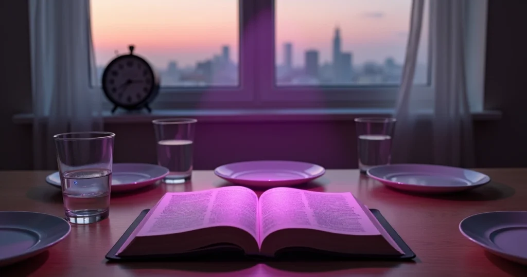 Mesa simples com pratos vazios, Bíblia aberta e luz roxa suave ao fundo