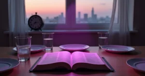 Mesa simples com pratos vazios, Bíblia aberta e luz roxa suave ao fundo