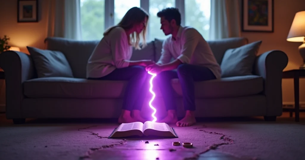 Casal separado por rachadura brilhante em forma de muro roxo entre eles