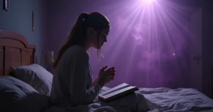 Esposa ora sentada na cama enquanto sombra escura espiritualmente ameaça o quarto