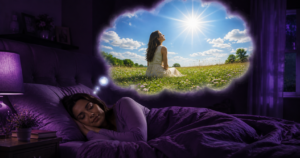 Céu estrelado em tons de roxo com silhueta de pessoa olhando para símbolos bíblicos nos sonhos