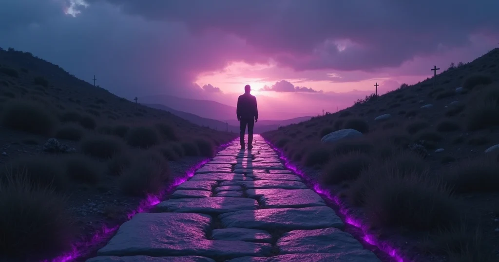 Caminho se dividindo entre luz roxa e penumbra simbolizando apostasia