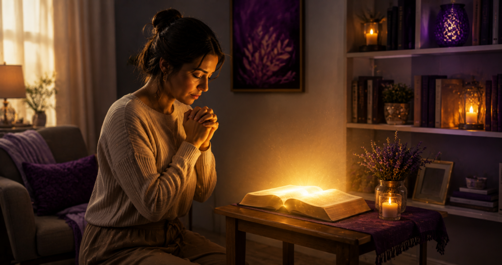 Sala de estar com altar espiritual discreto iluminado por luz roxa suave