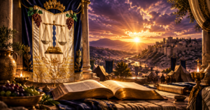 Altar antigo com ídolo iluminado em roxo contrastando com bandeira da tribo de Dã