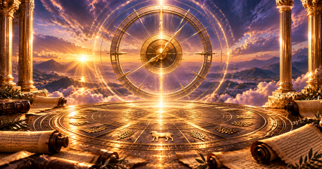 Esfera celeste com constelações, ciclos lunares e luz roxa sobre calendário bíblico abstrato
