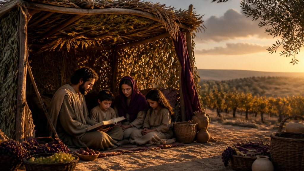 Cabana de Sucot em cenário bíblico com família em oração ao entardecer