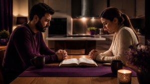 Casal em casa diante de uma Bíblia aberta, em momento de tensão e reflexão espiritual