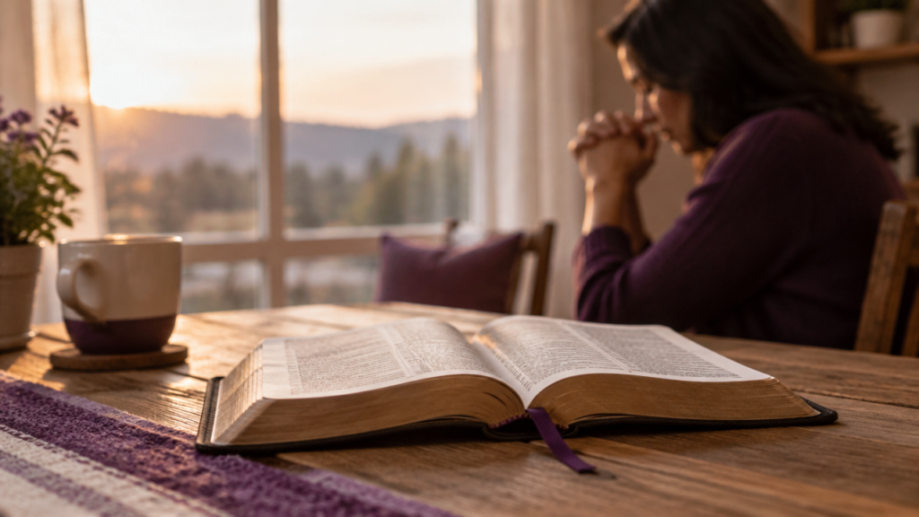 Bíblia aberta ao lado de uma pessoa em oração, representando discernimento espiritual com serenidade e confiança em Cristo.