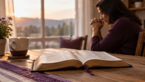 Bíblia aberta ao lado de uma pessoa em oração, representando discernimento espiritual com serenidade e confiança em Cristo.