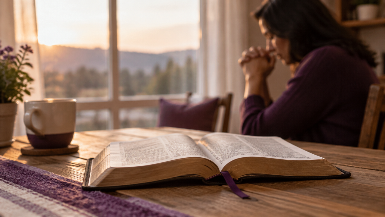 Bíblia aberta ao lado de uma pessoa em oração, representando discernimento espiritual com serenidade e confiança em Cristo.