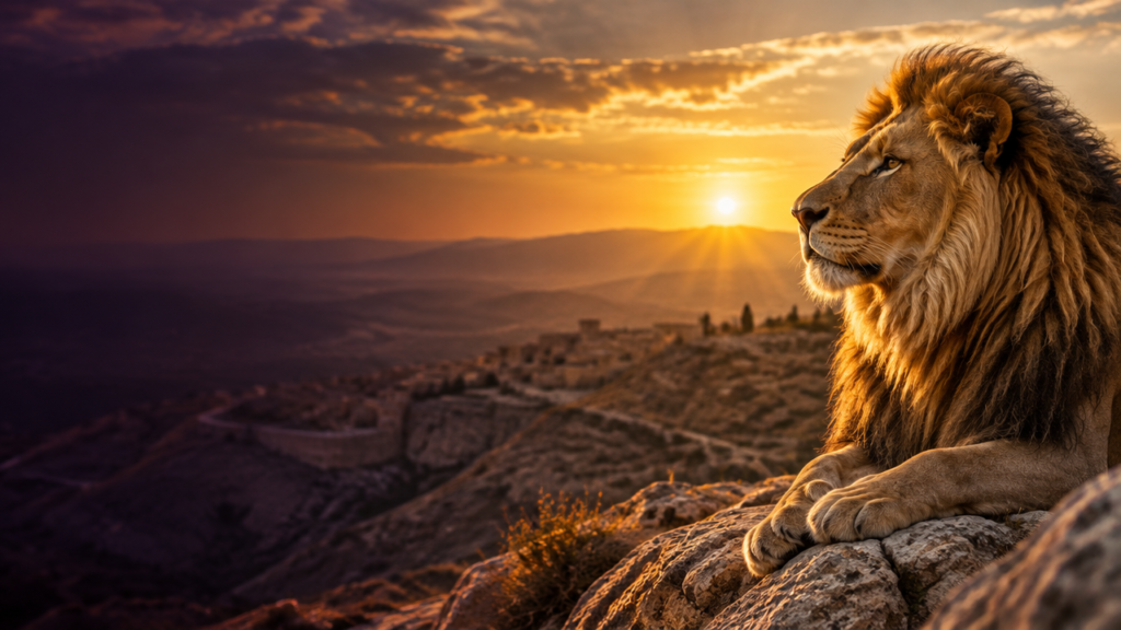 Leão majestoso diante de uma paisagem montanhosa ao amanhecer, evocando o título bíblico de Jesus como Leão de Judá